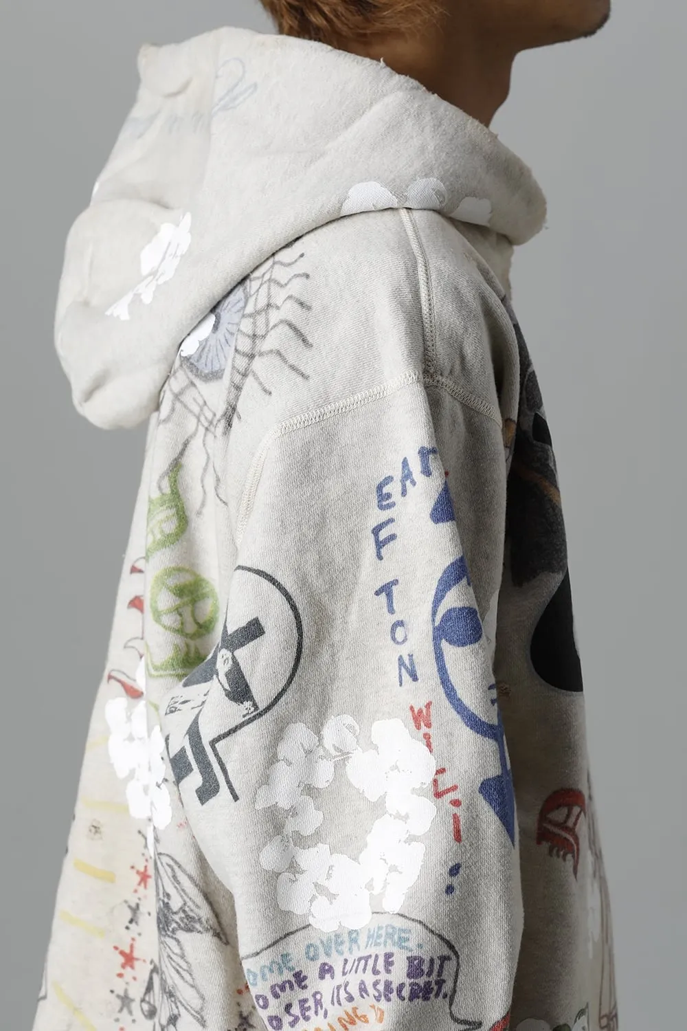 DENIM TEARS × ©SAINT M×××××× "SAINT TEARS" Graffiti Hoodie Joint Model Cotton Graffiti Hoodie Fully Printed Washed Distressed Holes Vintage Sweatshirt Gray S-XL Super Heavy Duty! The whole piece is printed with 35 screens and counterpoint printing!